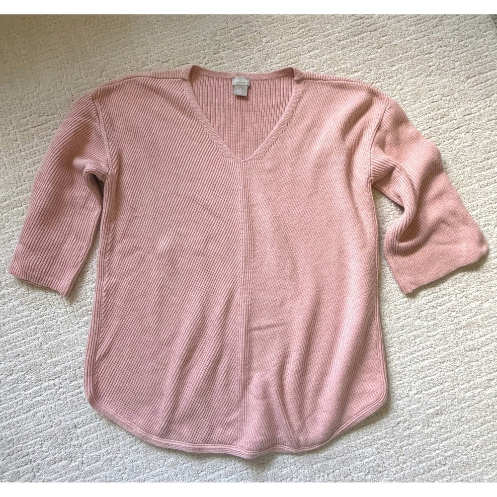 Chicos Dusty Pink Ribbed V-Neck Sweater 3/4 Sleeve Cotton Blend Size 2 US Large